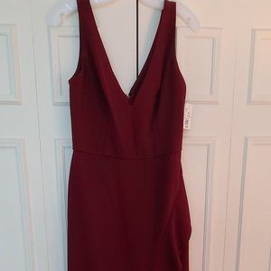DB STUDIO  V-neck stretch crepe midi dress with ruffled slit - Wine- Size 8